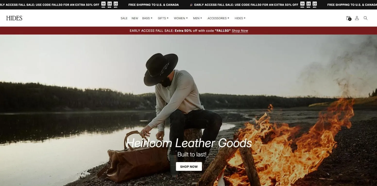 Hides Leather storefront home page